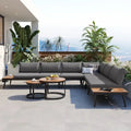 Ensemble de canapé d'angle d'extérieur 6 pièces avec tables basses rondes gigognes et canapé avec coussins pour terrasse, véranda et jardin