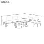 Ensemble de canapé d'angle d'extérieur 6 pièces avec tables basses rondes gigognes et canapé avec coussins pour terrasse, véranda et jardin