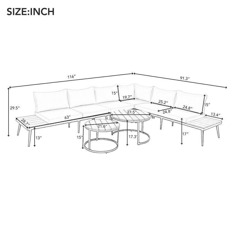 Ensemble de canapé d'angle d'extérieur 6 pièces avec tables basses rondes gigognes et canapé avec coussins pour terrasse, véranda et jardin