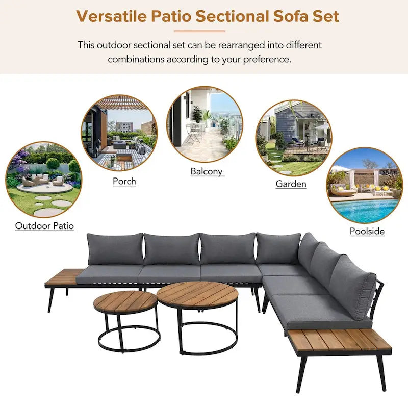 Ensemble de canapé d'angle d'extérieur 6 pièces avec tables basses rondes gigognes et canapé avec coussins pour terrasse, véranda et jardin