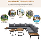 Ensemble de canapé d'angle d'extérieur 6 pièces avec tables basses rondes gigognes et canapé avec coussins pour terrasse, véranda et jardin