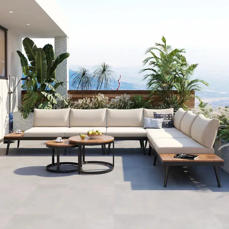 Ensemble de canapé d'angle d'extérieur 6 pièces avec tables basses rondes gigognes et canapé avec coussins pour terrasse, véranda et jardin