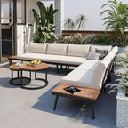 Ensemble de canapé d'angle d'extérieur 6 pièces avec tables basses rondes gigognes et canapé avec coussins pour terrasse, véranda et jardin