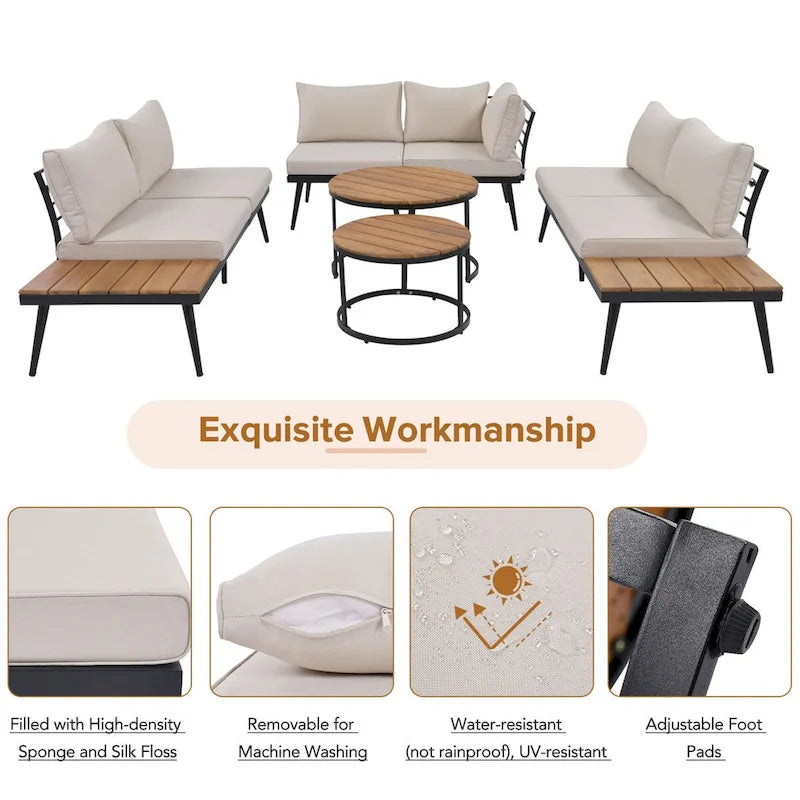 Ensemble de canapé d'angle d'extérieur 6 pièces avec tables basses rondes gigognes et canapé avec coussins pour terrasse, véranda et jardin