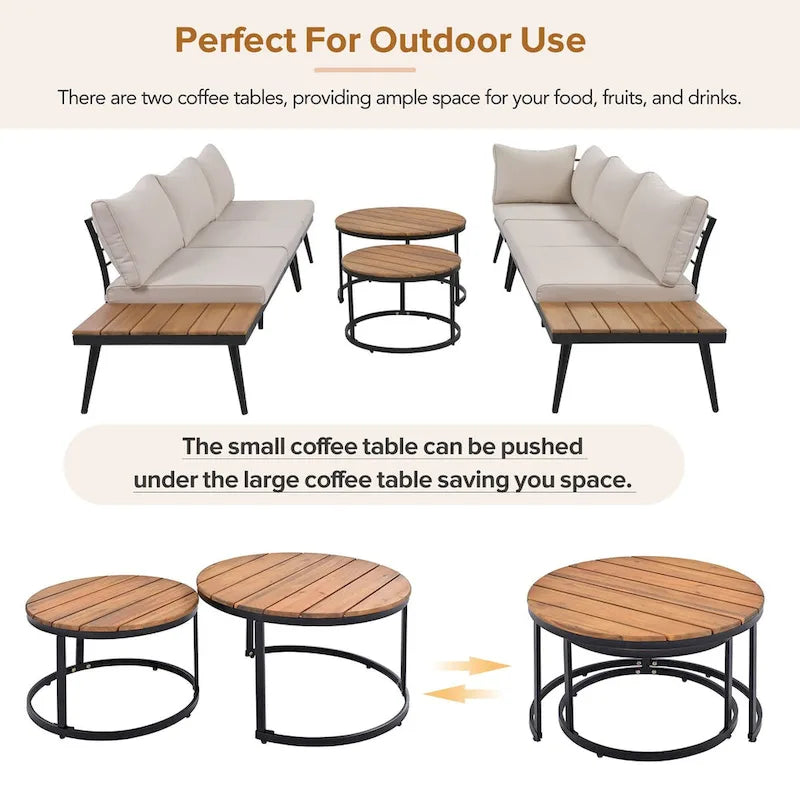 Ensemble de canapé d'angle d'extérieur 6 pièces avec tables basses rondes gigognes et canapé avec coussins pour terrasse, véranda et jardin