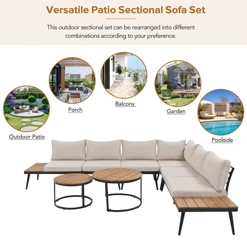 Ensemble de canapé d'angle d'extérieur 6 pièces avec tables basses rondes gigognes et canapé avec coussins pour terrasse, véranda et jardin