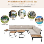 Ensemble de canapé d'angle d'extérieur 6 pièces avec tables basses rondes gigognes et canapé avec coussins pour terrasse, véranda et jardin
