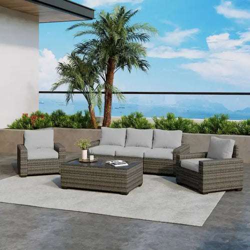 Ensemble de canapé d'angle d'extérieur en résine tressée 6 pièces avec coussins et table basse