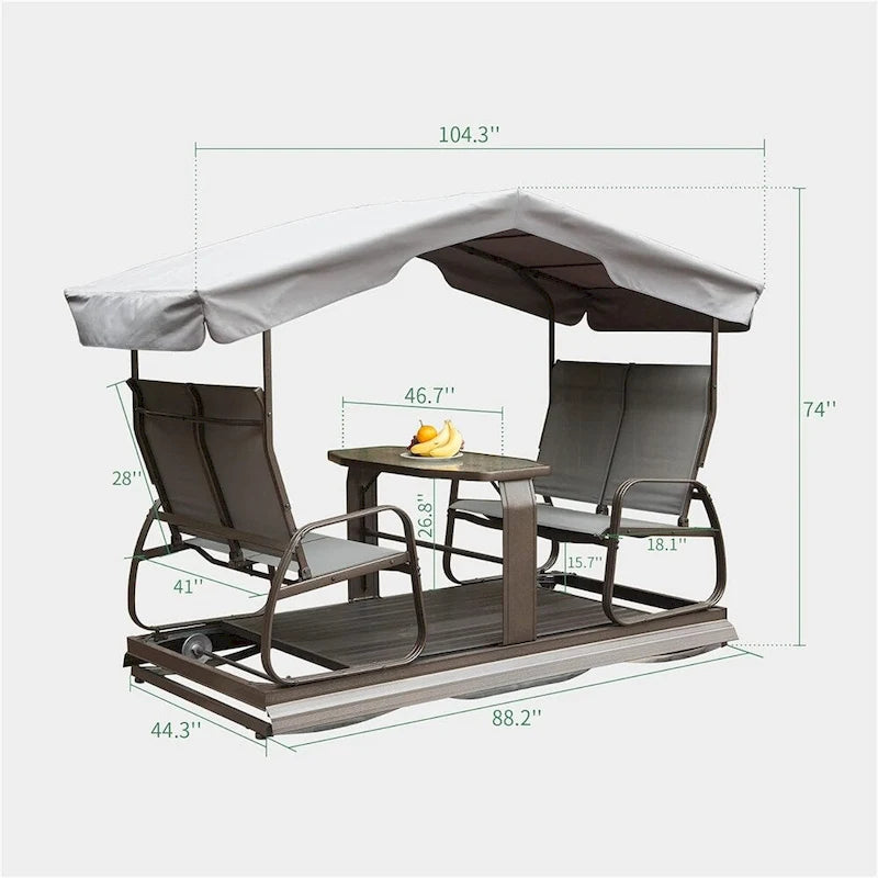 Bancs à bascule d'extérieur 4 places avec auvent, structure en aluminium