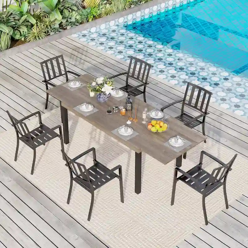 Ensemble de salle à manger d'extérieur MAISON ARTS 7/9 pièces avec table rectangulaire extensible en métal et chaises empilables en métal