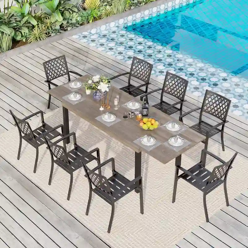 Ensemble de salle à manger d'extérieur MAISON ARTS 7/9 pièces avec table rectangulaire extensible en métal et chaises empilables en métal