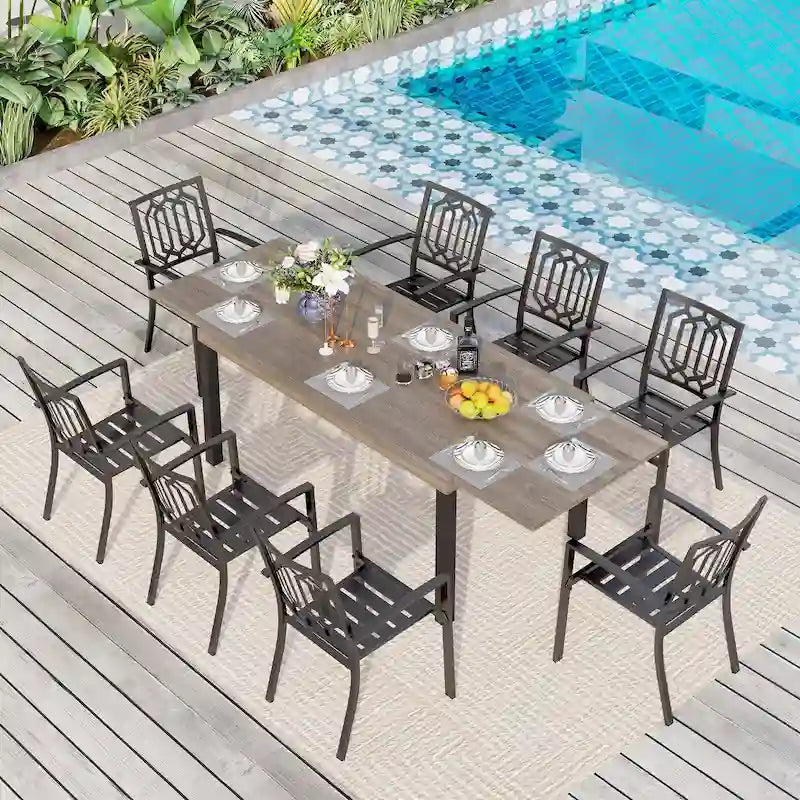 Ensemble de salle à manger d'extérieur MAISON ARTS 7/9 pièces avec table rectangulaire extensible en métal et chaises empilables en métal