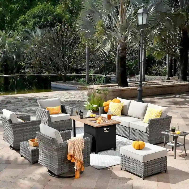 Ensemble de 10 fauteuils à bascule de conversation en résine tressée OVIOS avec table de feu