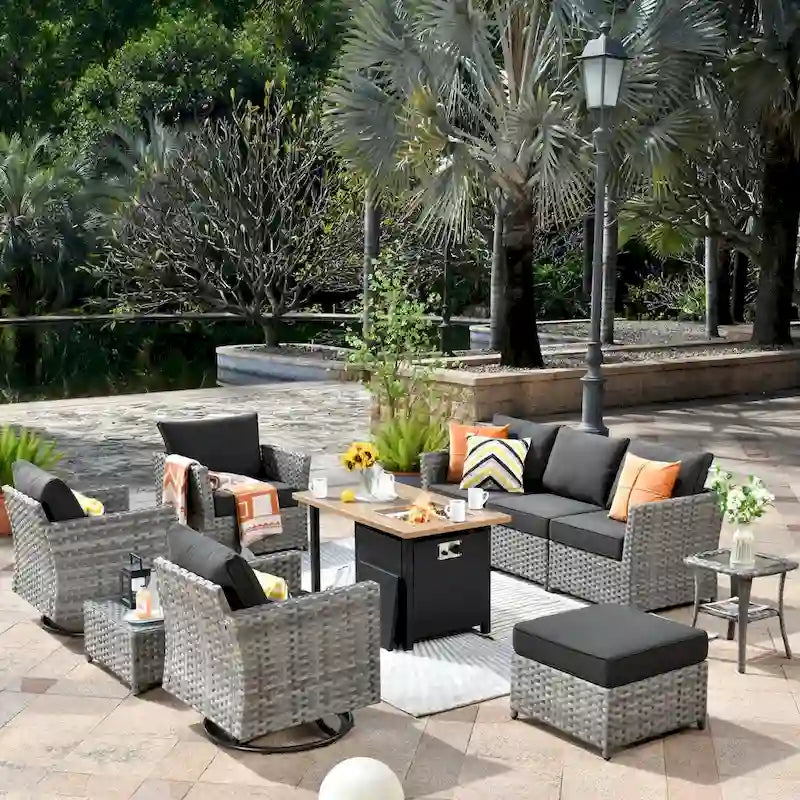 OVIOS 10-Piece Patio Wicker Conversation Rocking Chair Set With Fire Table