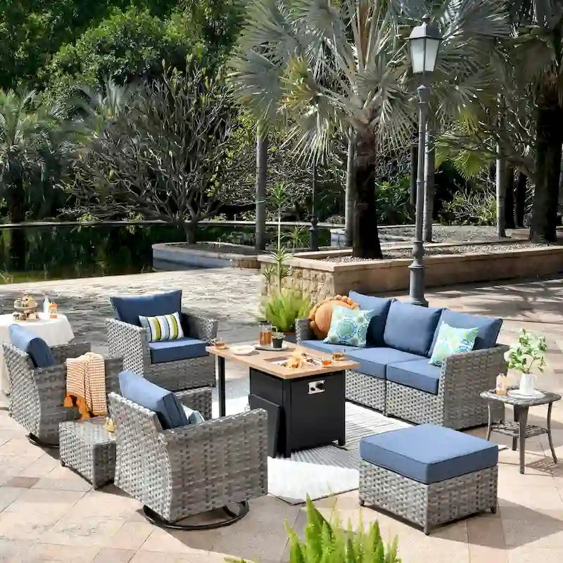 Ensemble de 10 fauteuils à bascule de conversation en résine tressée OVIOS avec table de feu