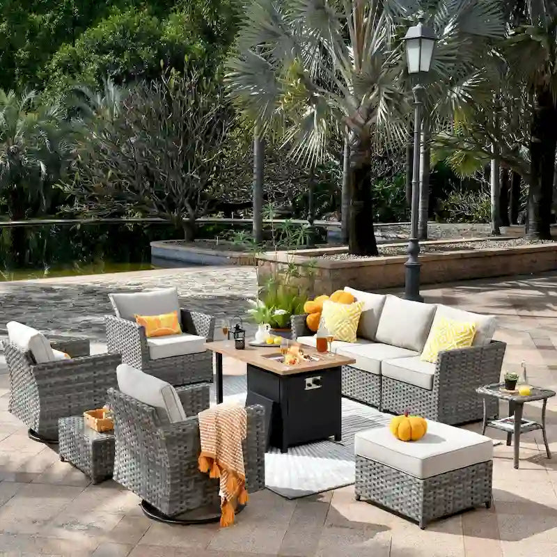 Ensemble de 10 fauteuils à bascule de conversation en résine tressée OVIOS avec table de feu