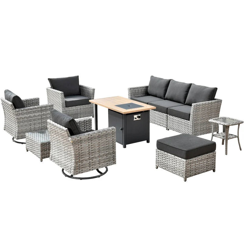 Ensemble de 10 fauteuils à bascule de conversation en résine tressée OVIOS avec table de feu