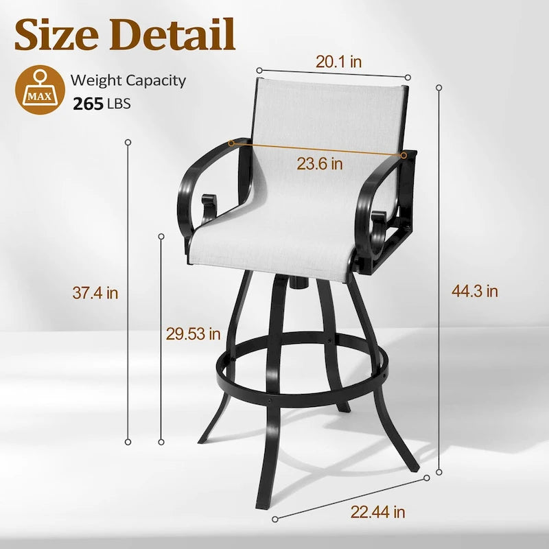 Tabourets de bar pivotants d'extérieur VredHom, revêtement en textilene Sunbrella - 51 cm (L) x 112,5 cm (H)