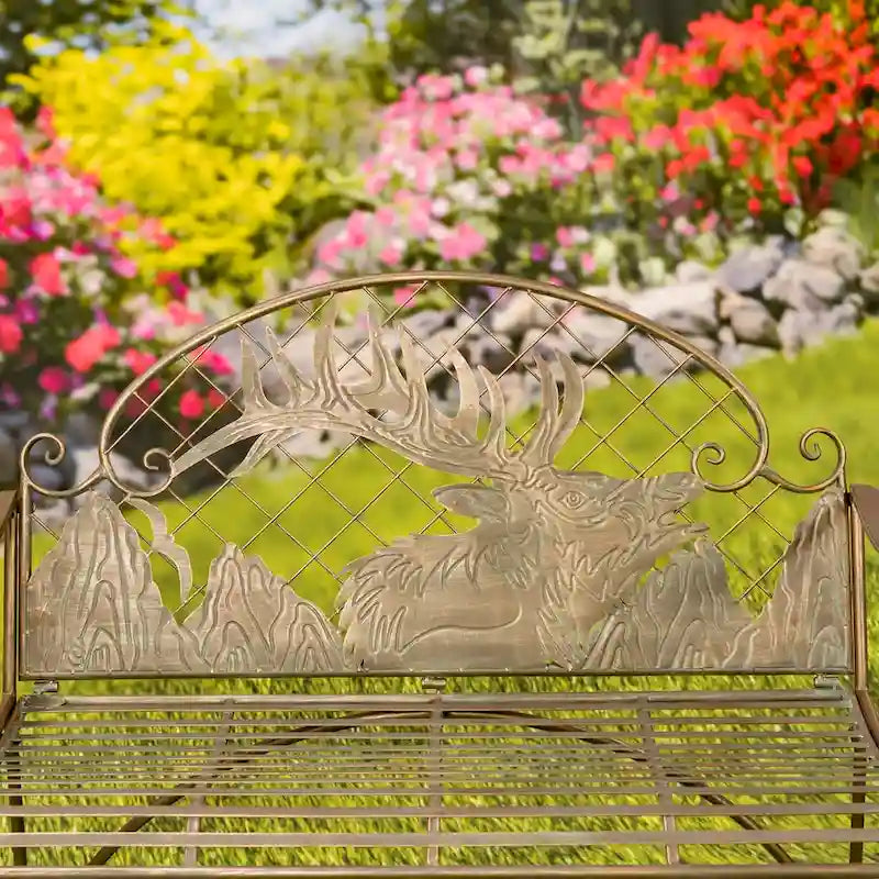 Banc de jardin en fer forgé à plateau arrondi et dossier en caribou Selkirk - 43,7 cm L x 20,47 cm l x 37,4 cm H