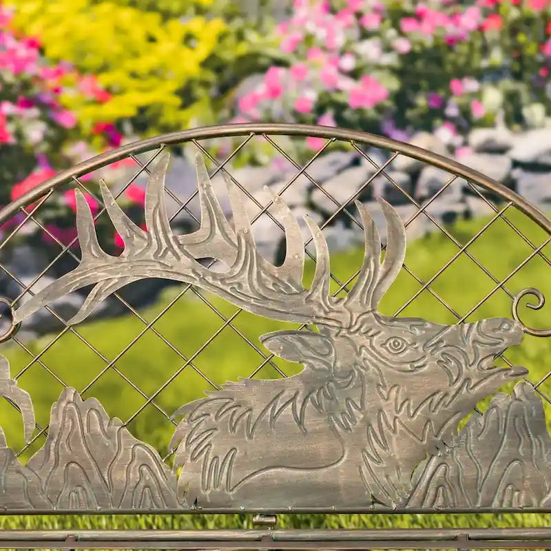 Banc de jardin en fer forgé à plateau arrondi et dossier en caribou Selkirk - 43,7 cm L x 20,47 cm l x 37,4 cm H