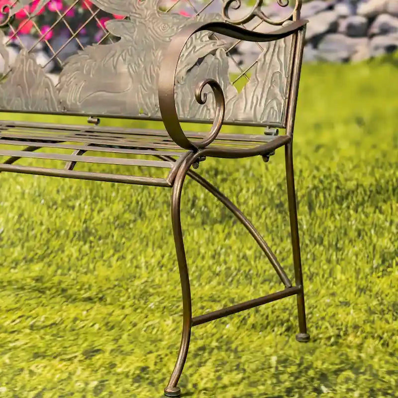 Banc de jardin en fer forgé à plateau arrondi et dossier en caribou Selkirk - 43,7 cm L x 20,47 cm l x 37,4 cm H