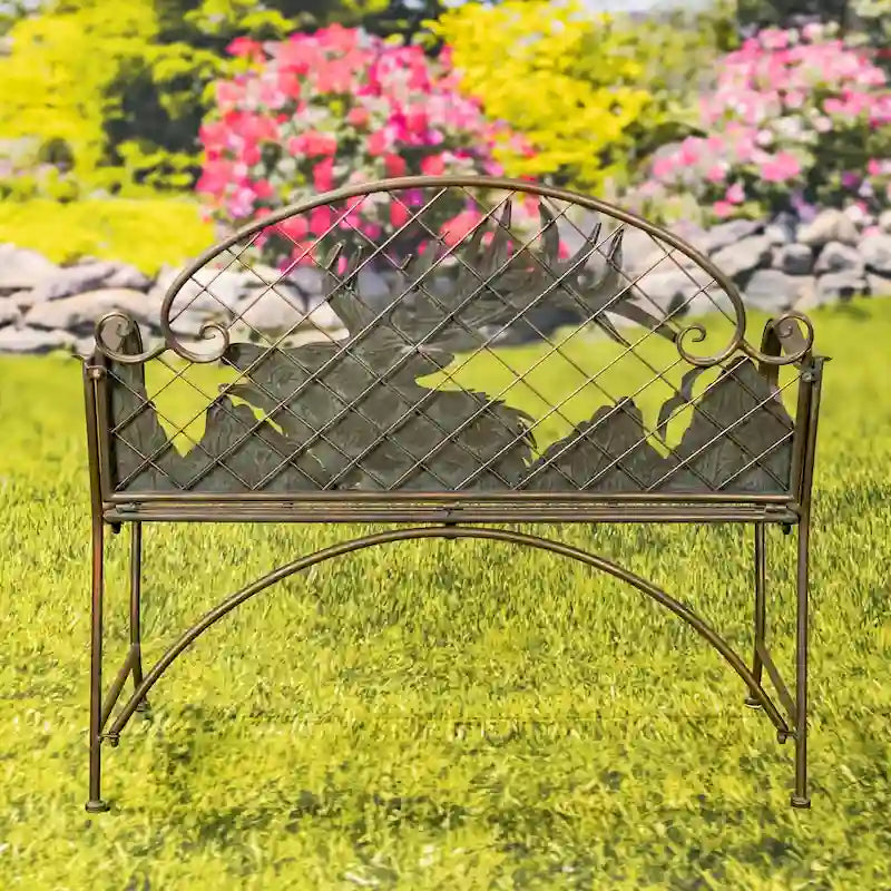 Banc de jardin en fer forgé à plateau arrondi et dossier en caribou Selkirk - 43,7 cm L x 20,47 cm l x 37,4 cm H