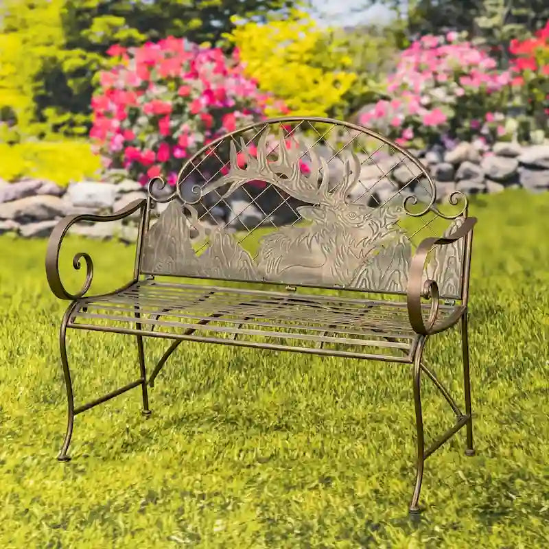 Banc de jardin en fer forgé à plateau arrondi et dossier en caribou Selkirk - 43,7 cm L x 20,47 cm l x 37,4 cm H