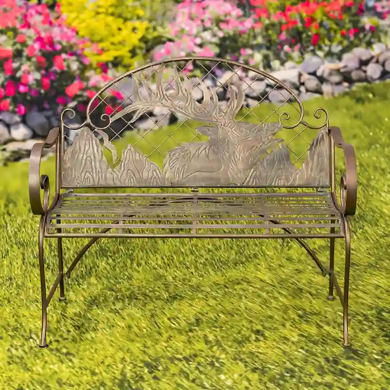 Banc de jardin en fer forgé à plateau arrondi et dossier en caribou Selkirk - 43,7 cm L x 20,47 cm l x 37,4 cm H