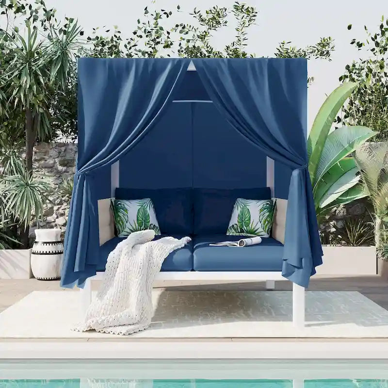 Bain de soleil d'extérieur avec rideaux, grand confort, adapté à de multiples usages