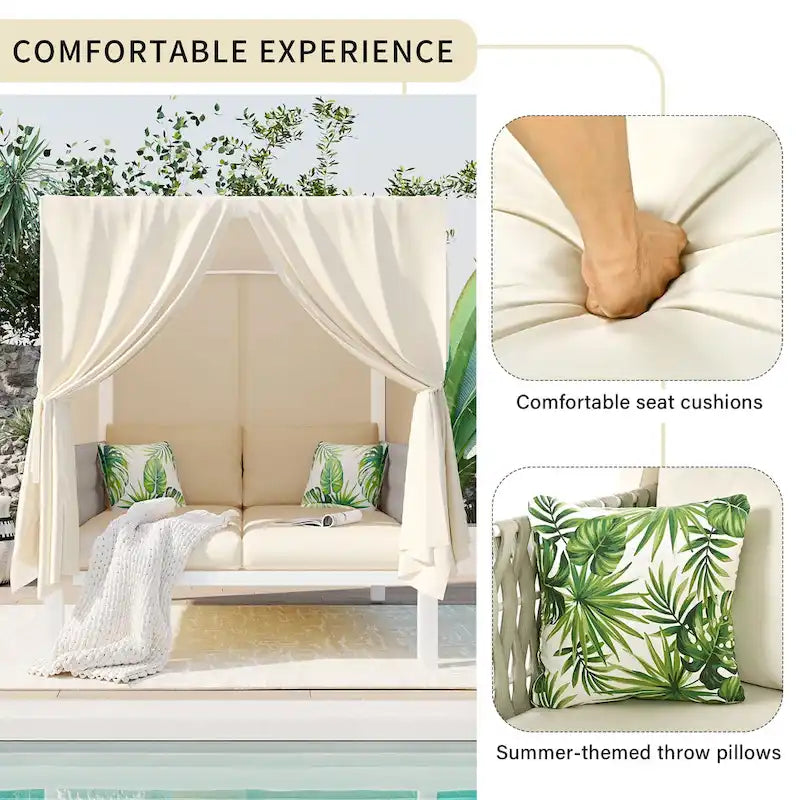 Bain de soleil d'extérieur avec rideaux, grand confort, adapté à de multiples usages