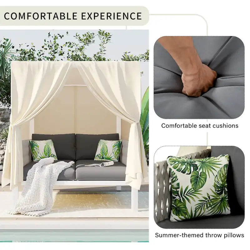 Bain de soleil d'extérieur avec rideaux, grand confort, adapté à de multiples usages
