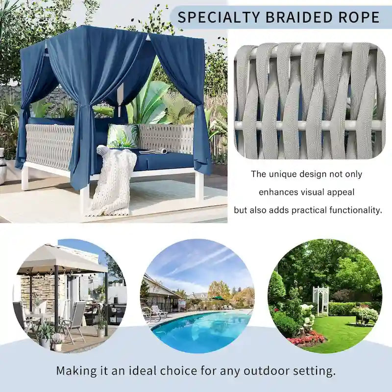 Bain de soleil d'extérieur avec rideaux, grand confort, adapté à de multiples usages