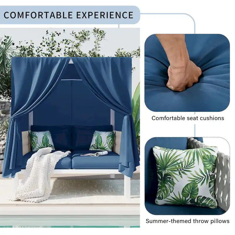 Bain de soleil d'extérieur avec rideaux, grand confort, adapté à de multiples usages