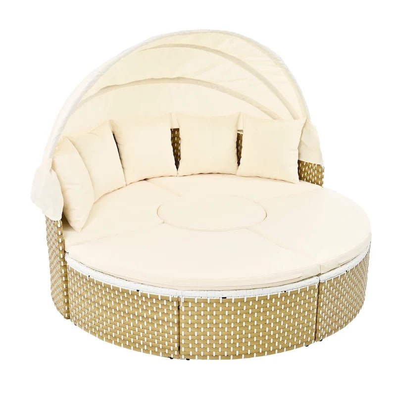 Mobilier de jardin, ensemble canapé d'angle rond d'extérieur, lit de jour en rotin avec auvent rétractable et coussins amovibles