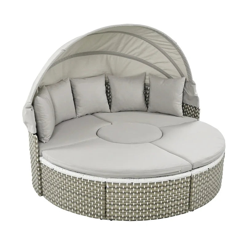 Mobilier de jardin, ensemble canapé d'angle rond d'extérieur, lit de jour en rotin avec auvent rétractable et coussins amovibles