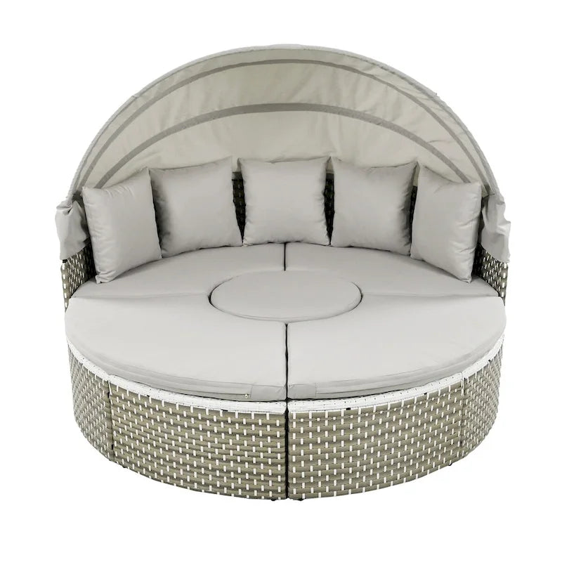 Mobilier de jardin, ensemble canapé d'angle rond d'extérieur, lit de jour en rotin avec auvent rétractable et coussins amovibles