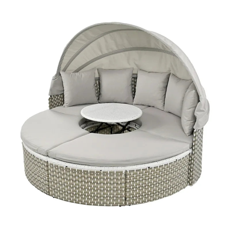 Mobilier de jardin, ensemble canapé d'angle rond d'extérieur, lit de jour en rotin avec auvent rétractable et coussins amovibles