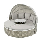 Mobilier de jardin, ensemble canapé d'angle rond d'extérieur, lit de jour en rotin avec auvent rétractable et coussins amovibles