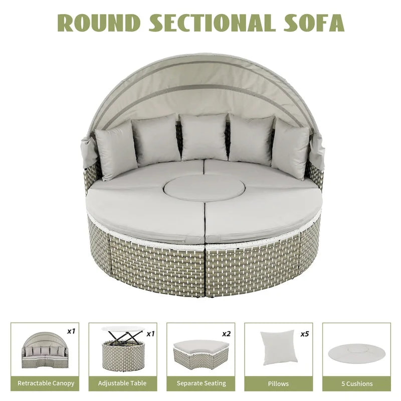 Mobilier de jardin, ensemble canapé d'angle rond d'extérieur, lit de jour en rotin avec auvent rétractable et coussins amovibles