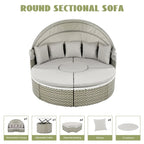 Mobilier de jardin, ensemble canapé d'angle rond d'extérieur, lit de jour en rotin avec auvent rétractable et coussins amovibles