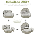 Mobilier de jardin, ensemble canapé d'angle rond d'extérieur, lit de jour en rotin avec auvent rétractable et coussins amovibles