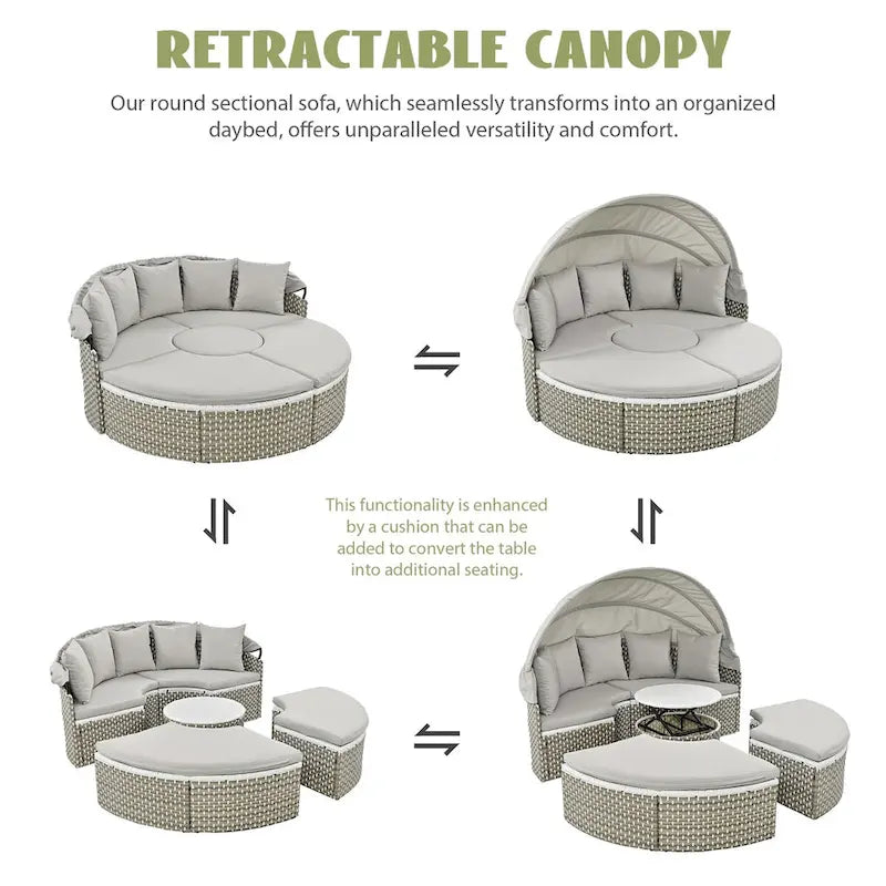 Mobilier de jardin, ensemble canapé d'angle rond d'extérieur, lit de jour en rotin avec auvent rétractable et coussins amovibles