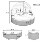 Mobilier de jardin, ensemble canapé d'angle rond d'extérieur, lit de jour en rotin avec auvent rétractable et coussins amovibles