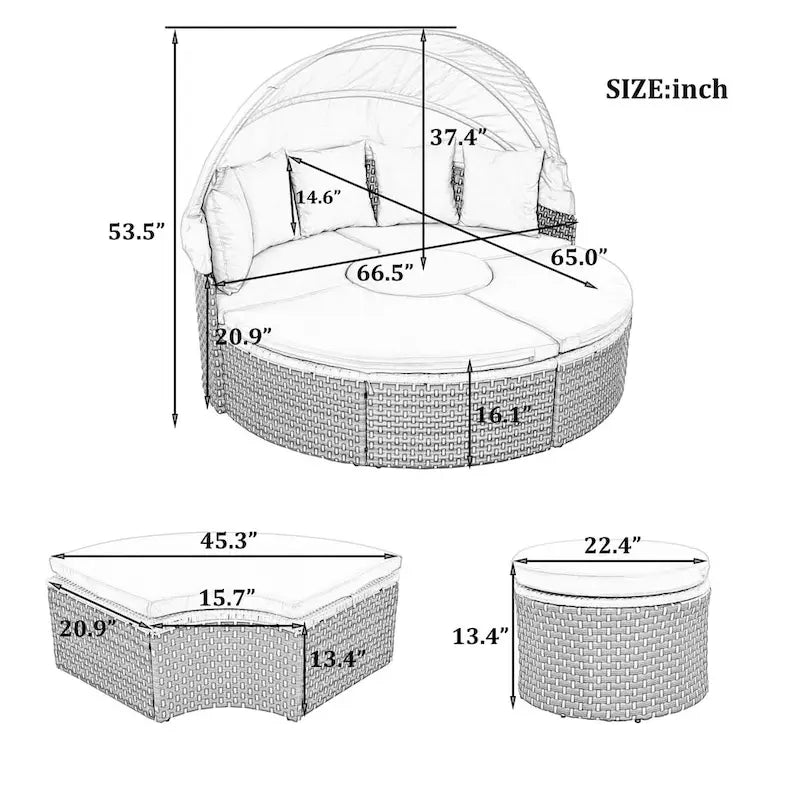 Mobilier de jardin, ensemble canapé d'angle rond d'extérieur, lit de jour en rotin avec auvent rétractable et coussins amovibles