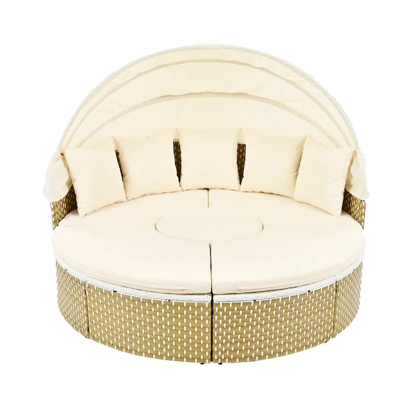 Mobilier de jardin, ensemble canapé d'angle rond d'extérieur, lit de jour en rotin avec auvent rétractable et coussins amovibles