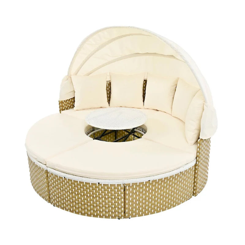 Mobilier de jardin, ensemble canapé d'angle rond d'extérieur, lit de jour en rotin avec auvent rétractable et coussins amovibles