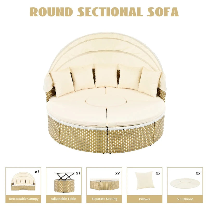 Mobilier de jardin, ensemble canapé d'angle rond d'extérieur, lit de jour en rotin avec auvent rétractable et coussins amovibles