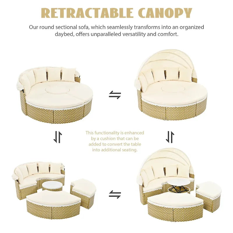 Mobilier de jardin, ensemble canapé d'angle rond d'extérieur, lit de jour en rotin avec auvent rétractable et coussins amovibles