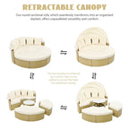 Mobilier de jardin, ensemble canapé d'angle rond d'extérieur, lit de jour en rotin avec auvent rétractable et coussins amovibles