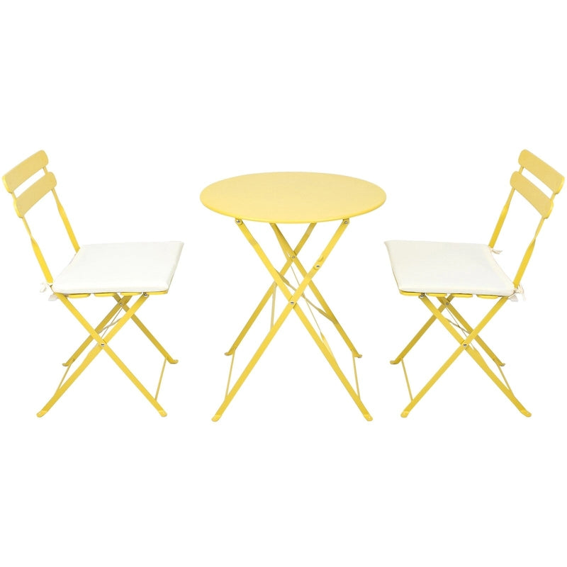 Ensemble bistro d'extérieur rond en métal 3 pièces, pliable, avec coussins beiges